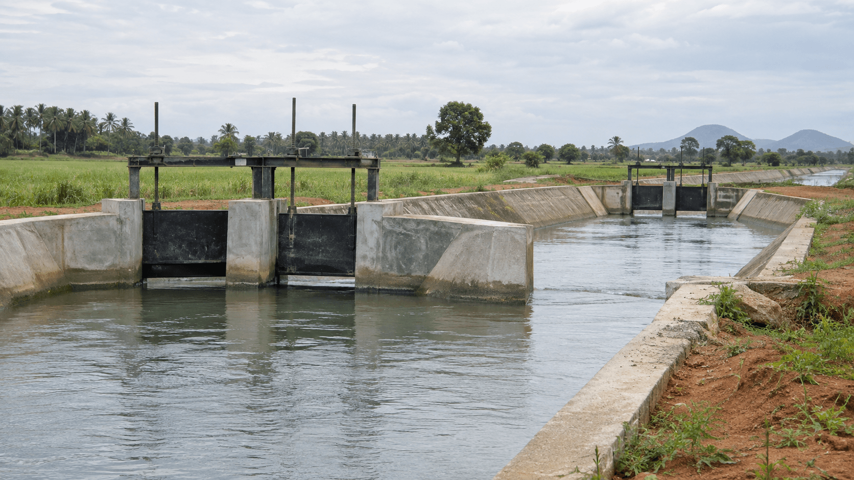 Illustrative view of an irrigation canal and sluice system
